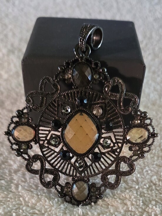 Jewelry - Vintage Gothic Gunmetal Filigree Statement Pendant – Smoky Topaz Amber Crystal